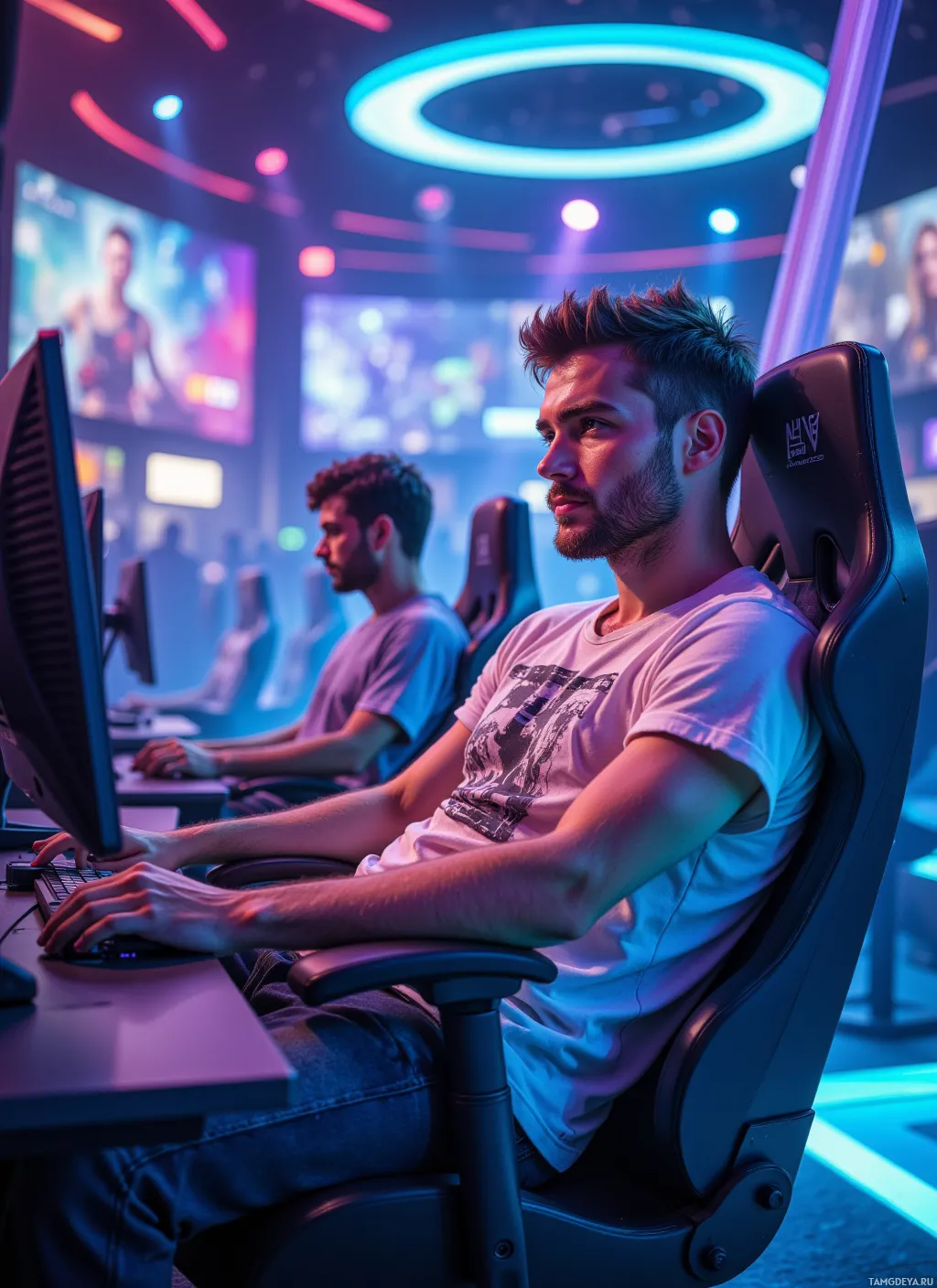 Two individuals are seated in a gaming setup, focused on their screens in a vibrant, neon-lit environment.
