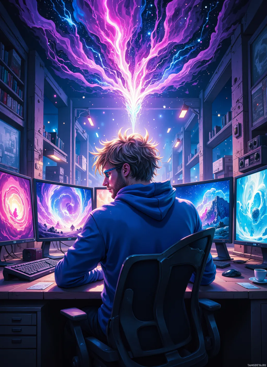 A person sits at a desk with multiple monitors displaying vibrant, cosmic imagery.