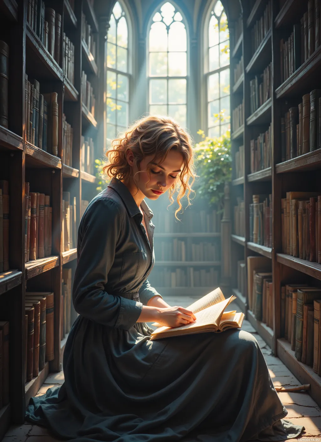 A woman in a long dress reads a book in a dimly lit library with sunlight streaming through the windows.