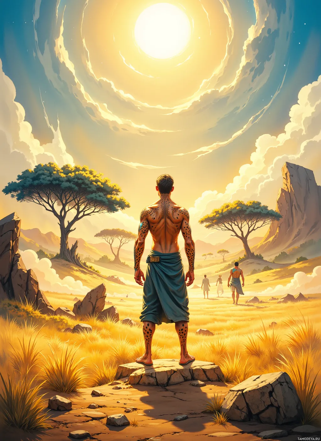 A man stands on a rock in a desert landscape, gazing at a large sun in the sky.