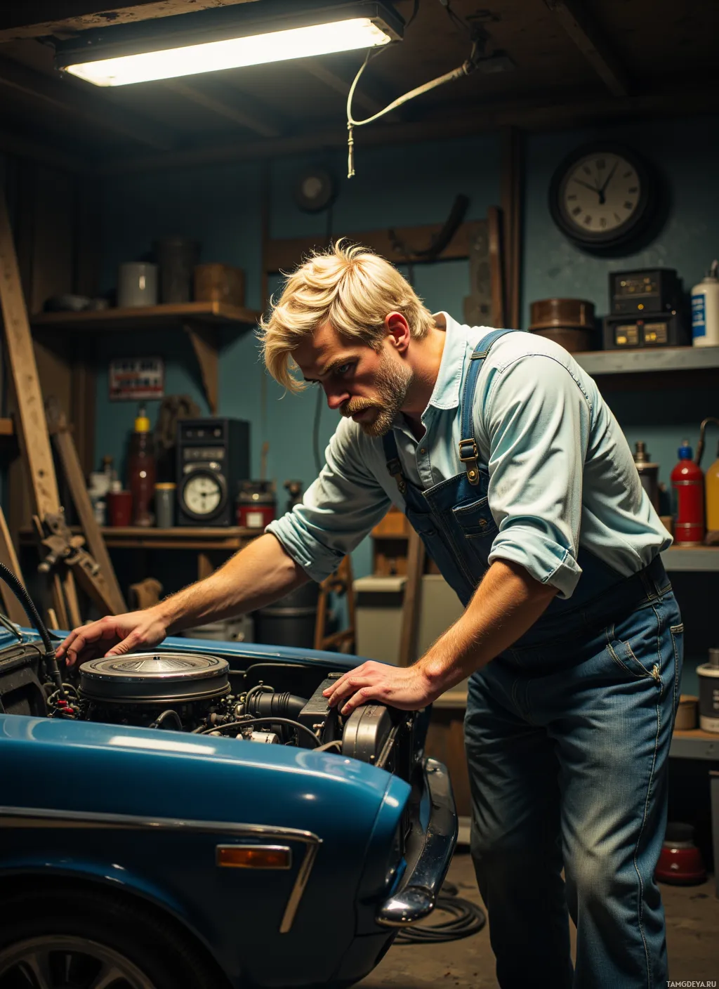 A man in a garage works on a blue car.
