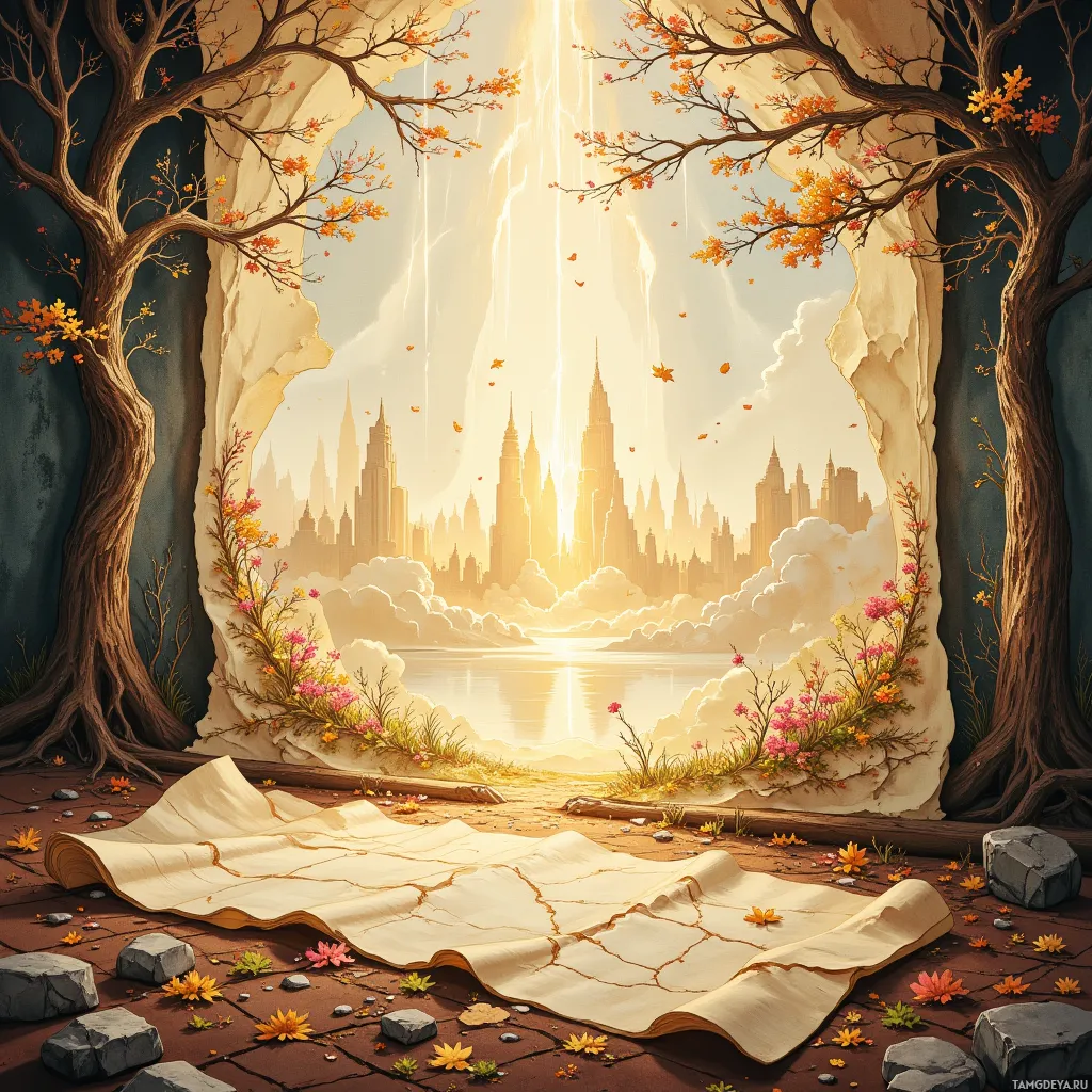 A serene landscape featuring a cave opening to a cityscape with tall buildings, surrounded by autumn foliage and a river.