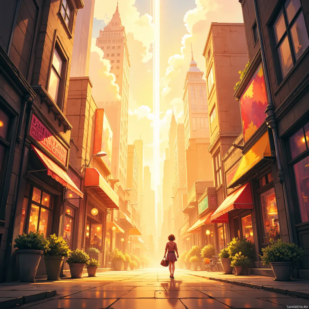 A person walks down a sunlit city street lined with shops and tall buildings.