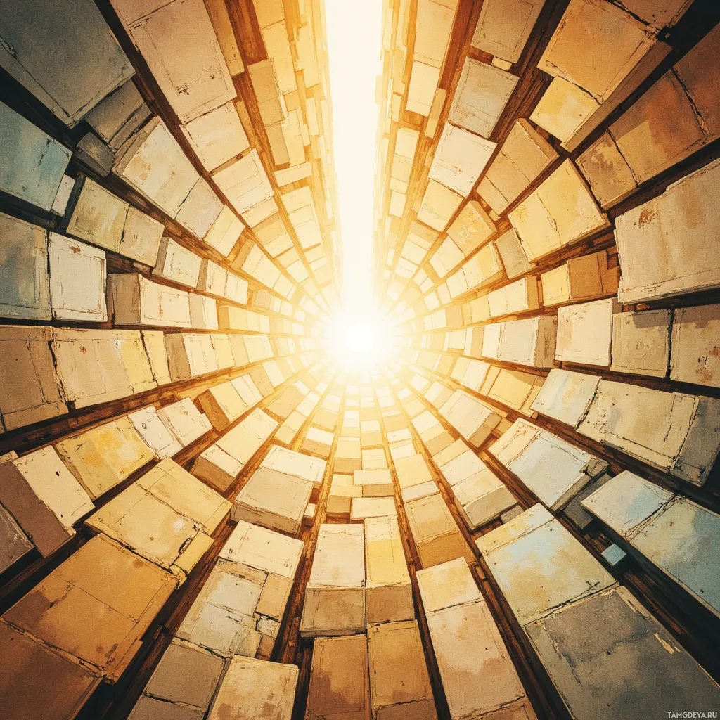 A symmetrical arrangement of light-colored blocks converging towards a bright light at the center.