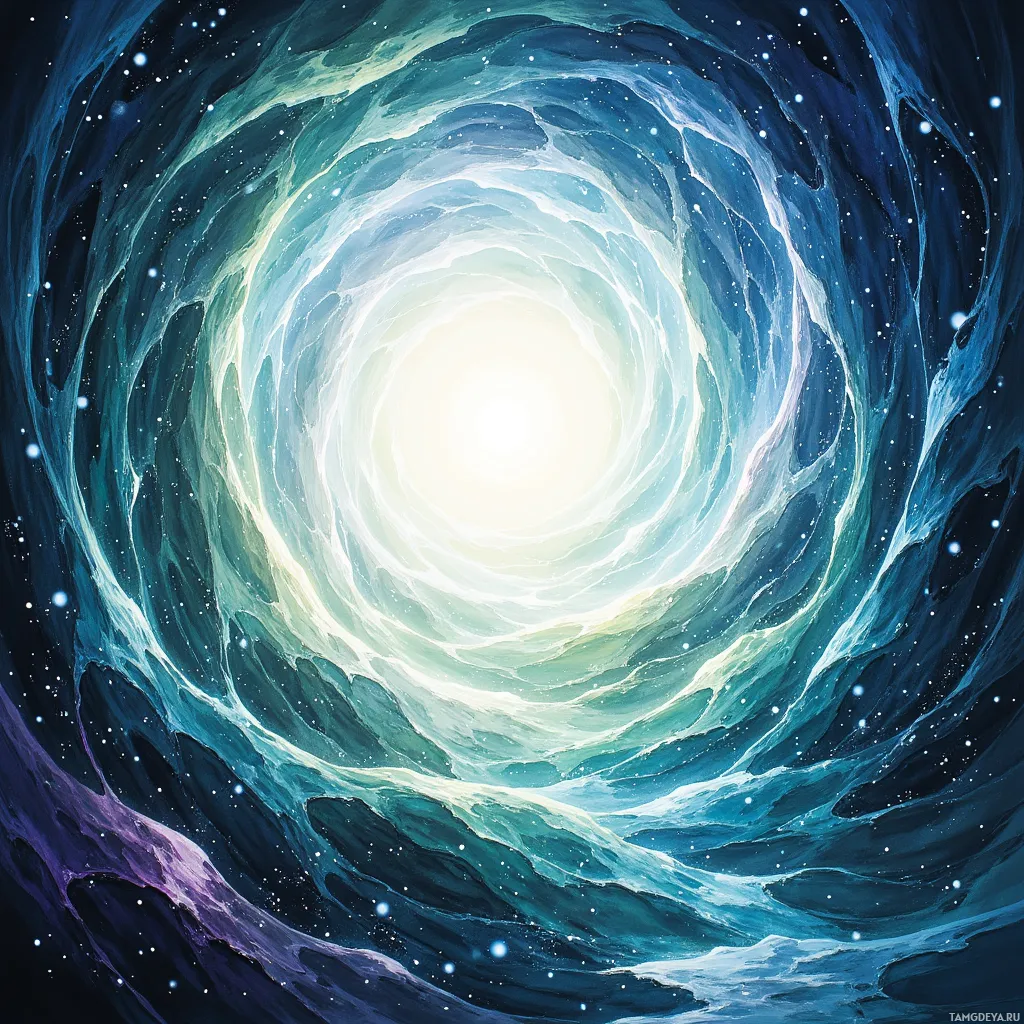 A swirling cosmic vortex with a bright center and star-like specks.