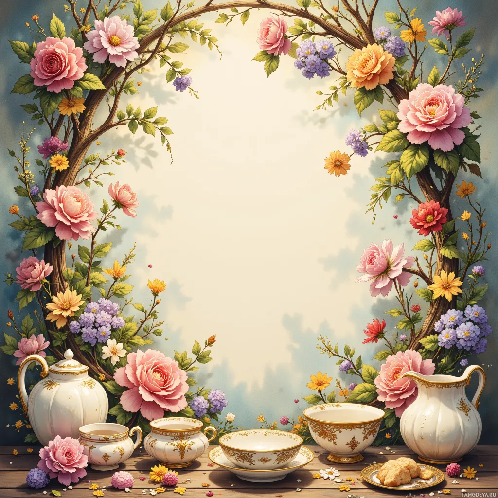 A floral arrangement frames a tea set on a wooden table.