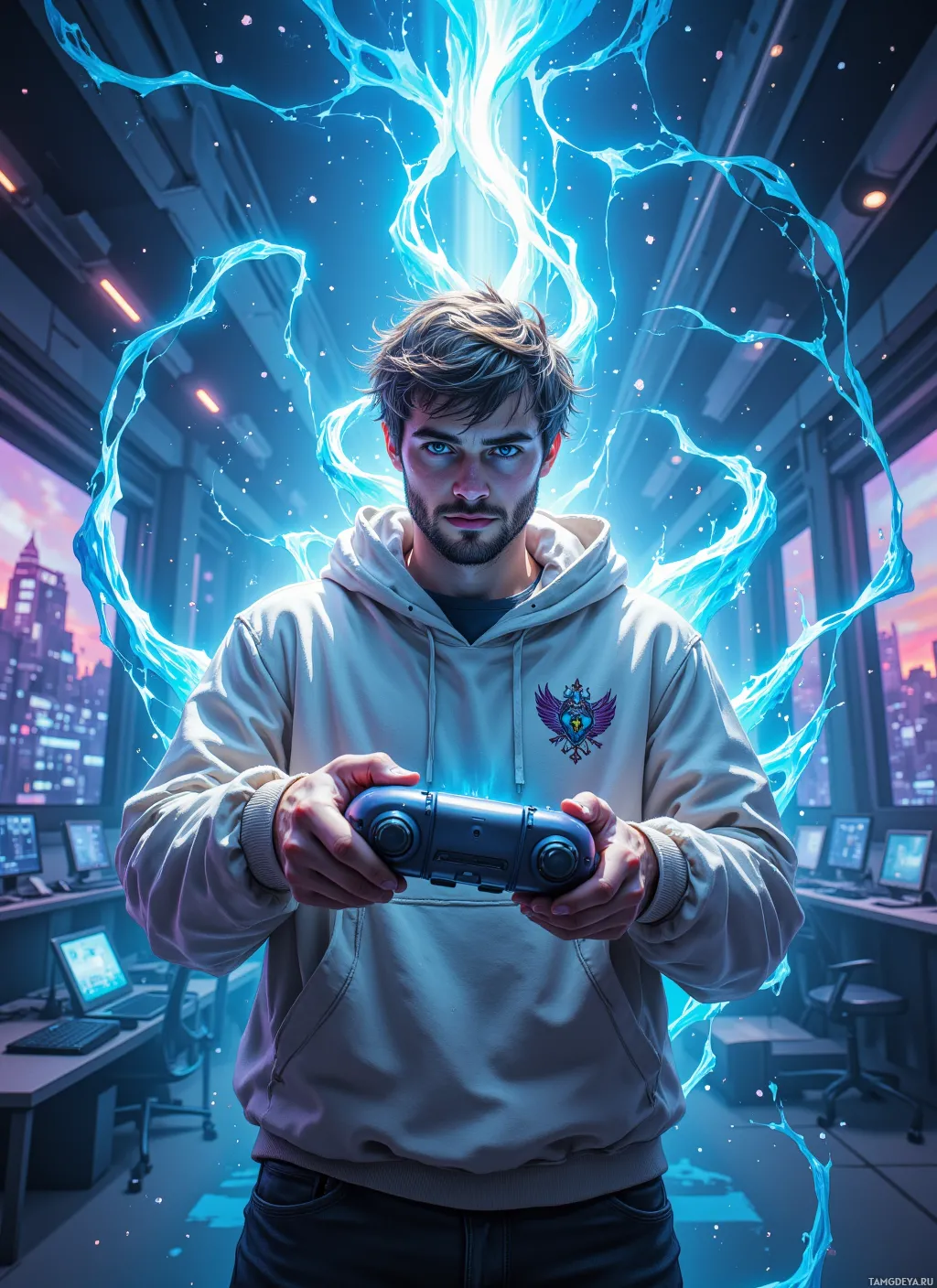 A person in a hoodie holding a gaming controller with glowing blue energy effects surrounding them.