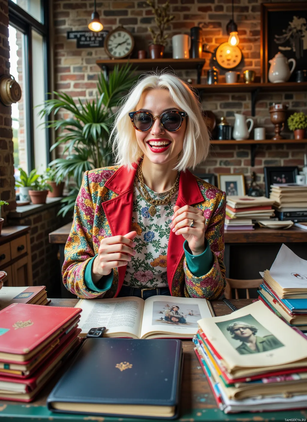 A woman with blonde hair and sunglasses is smiling while sitting at a desk surrounded by books and plants.