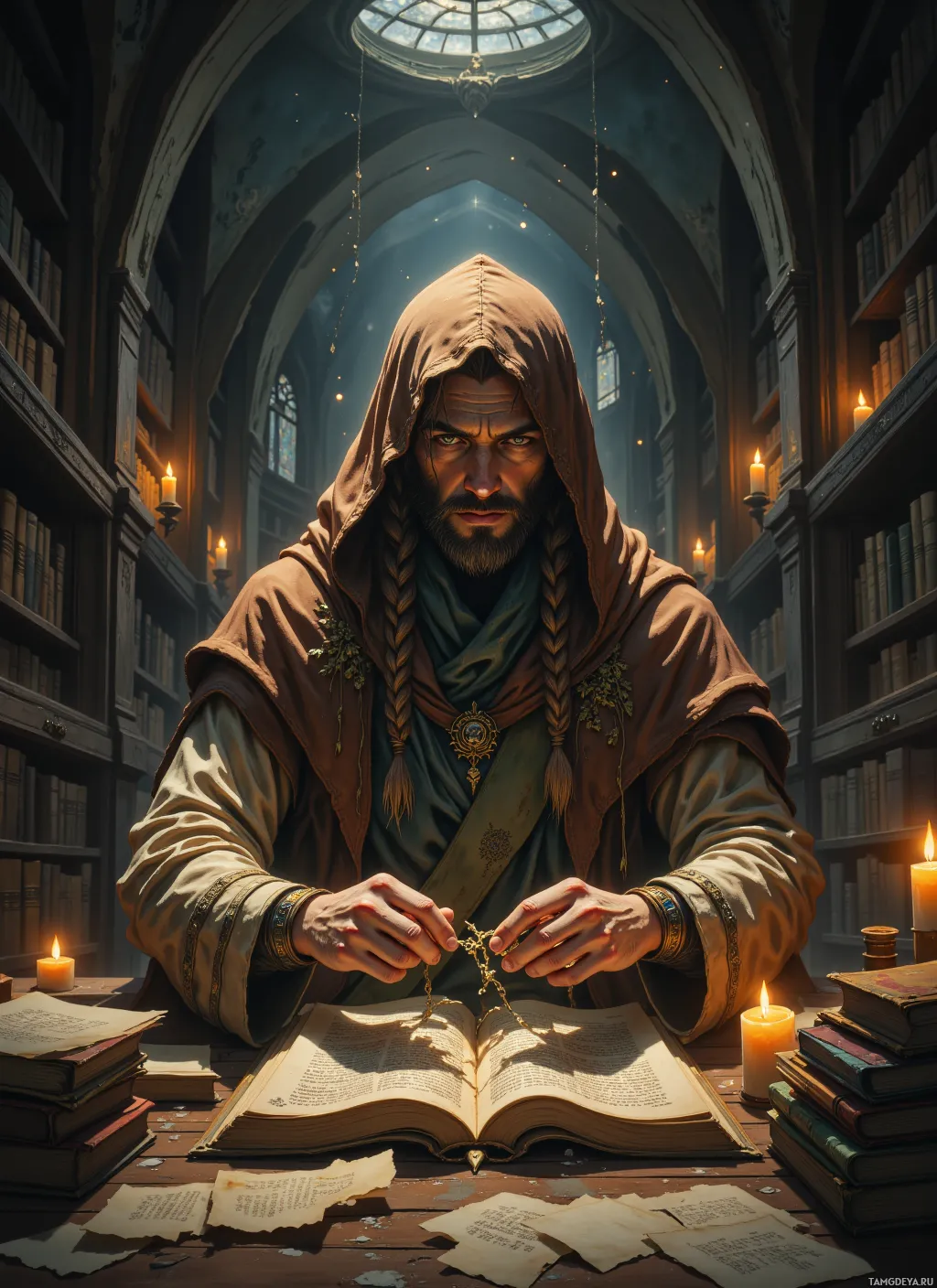 A scholar in a hooded robe sits at a table in a grand library, surrounded by books and candles, deeply engrossed in reading an open book.
