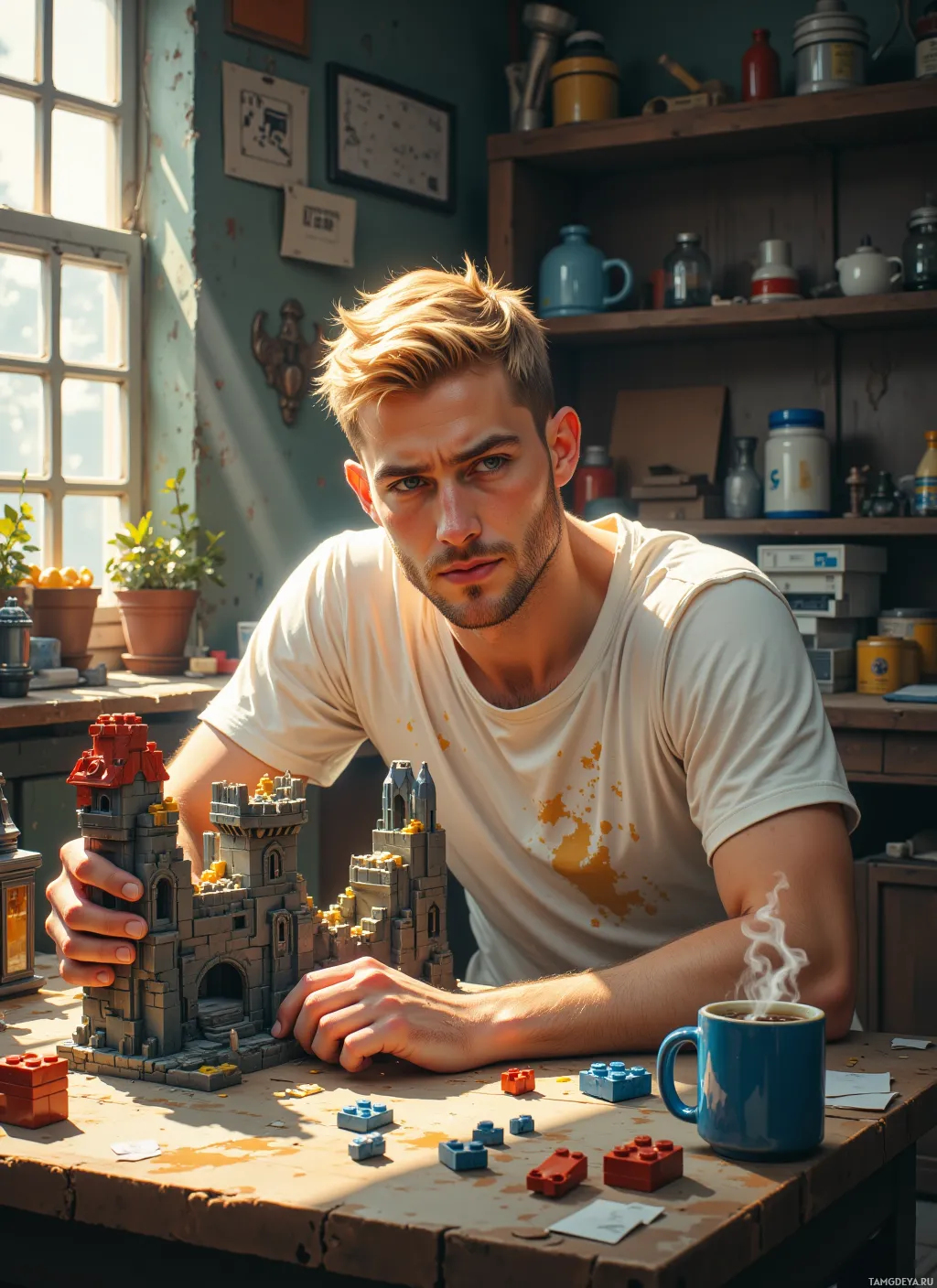 A man is building a LEGO castle in a workshop with a steaming mug of coffee nearby.