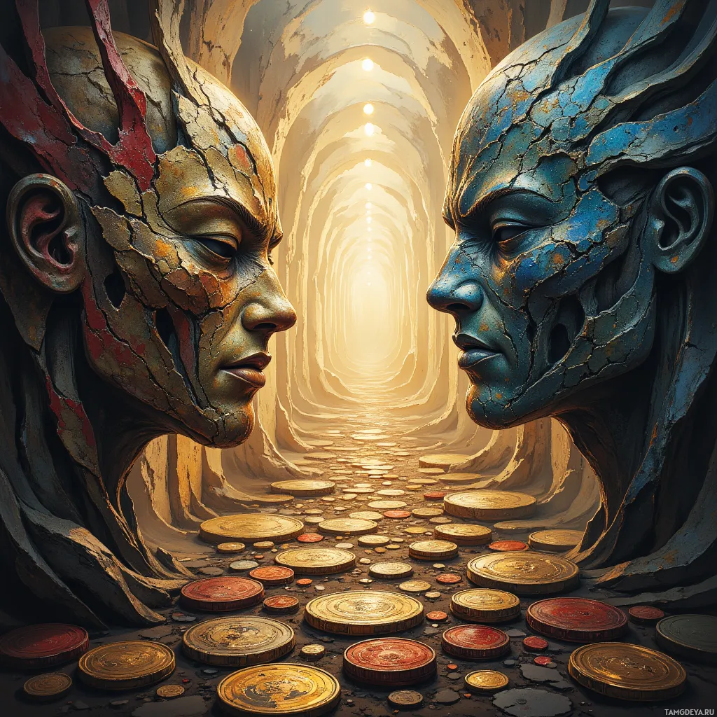 Two cracked, textured faces face each other in a tunnel lined with glowing lights and coins.