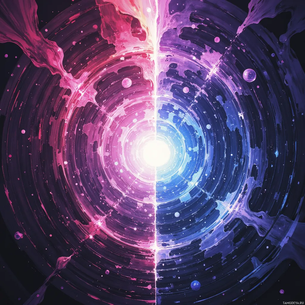 A vibrant, abstract image featuring swirling patterns in pink and blue hues with glowing particles.