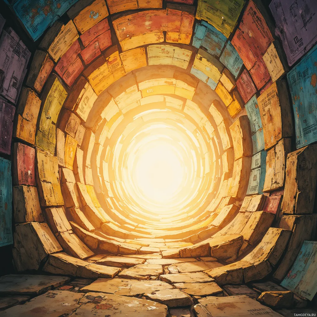 A circular tunnel with colorful, textured walls leading to a bright light at the end.
