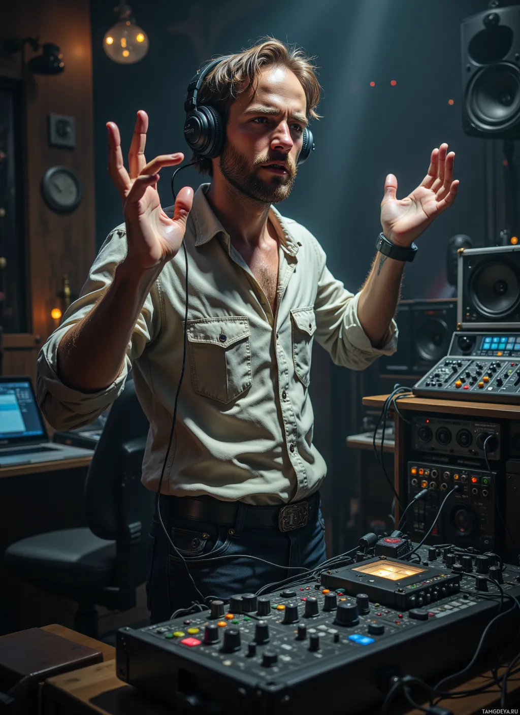A man in a recording studio gesturing with his hands while wearing headphones.