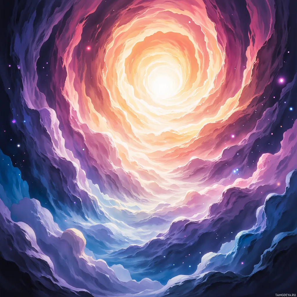 A swirling cosmic vortex with vibrant hues of purple, pink, and orange against a starry background.