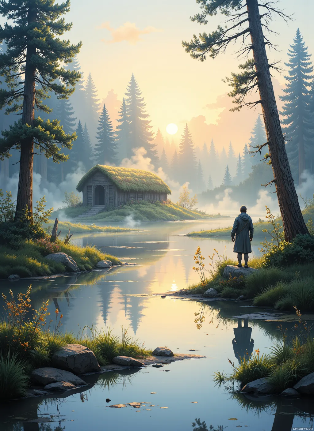 A serene forest scene with a small cabin, misty river, and a person standing by the water.