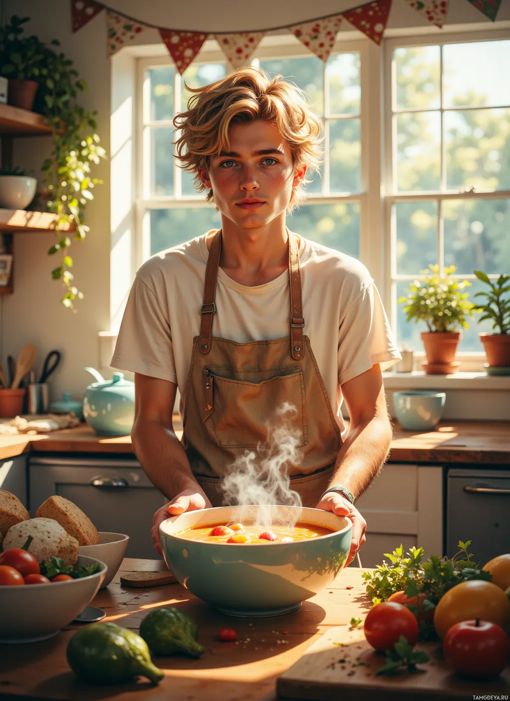 A person wearing an apron holds a steaming bowl of soup in a sunny kitchen.
