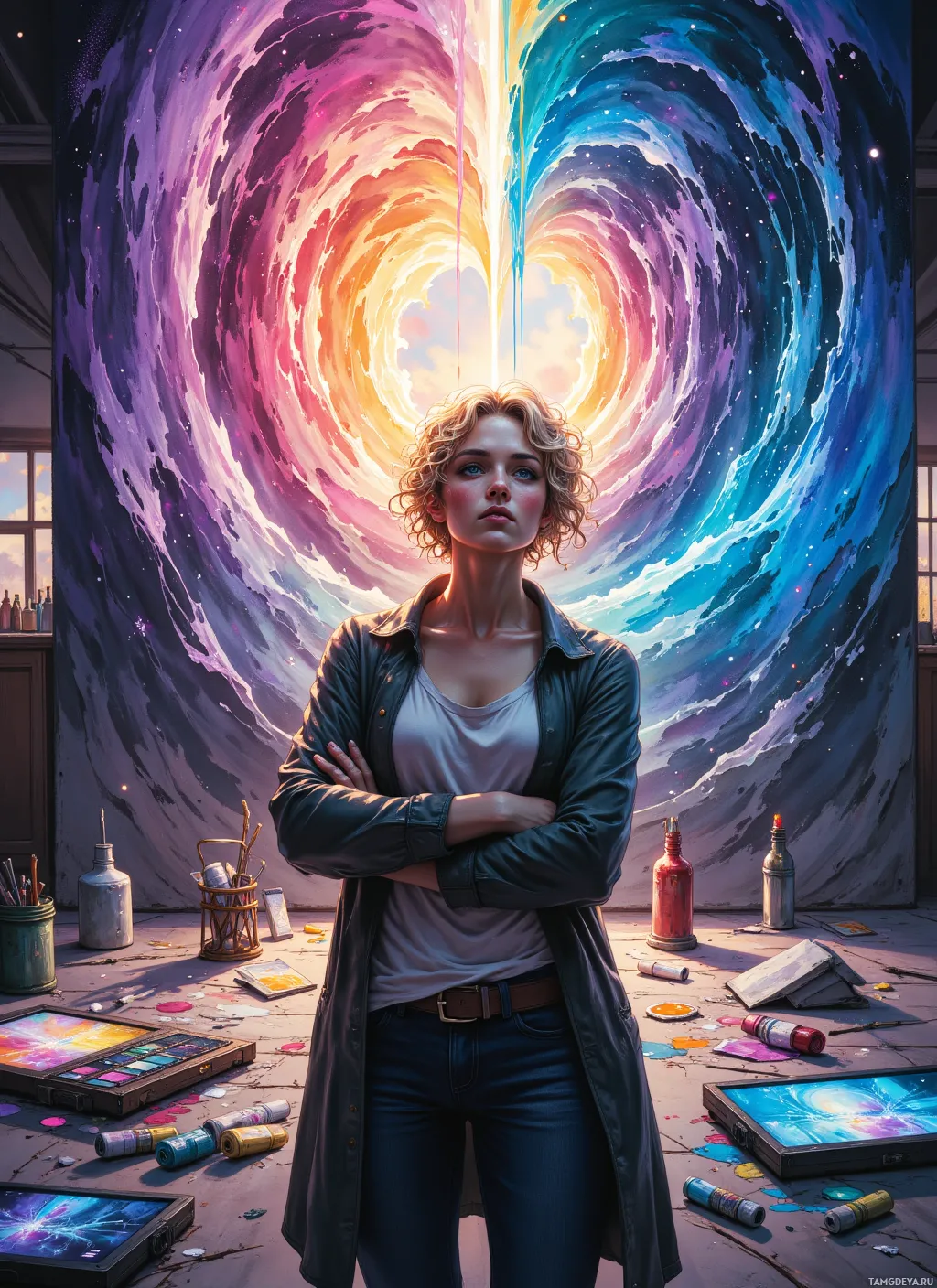 A woman stands in a studio with a vibrant, cosmic painting behind her.