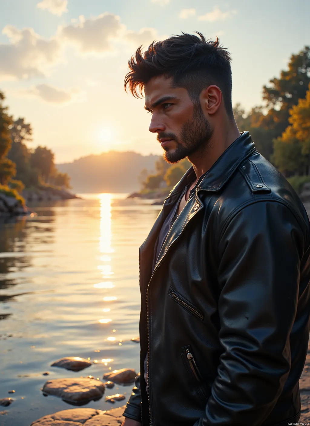 A man in a leather jacket stands by a river at sunset.