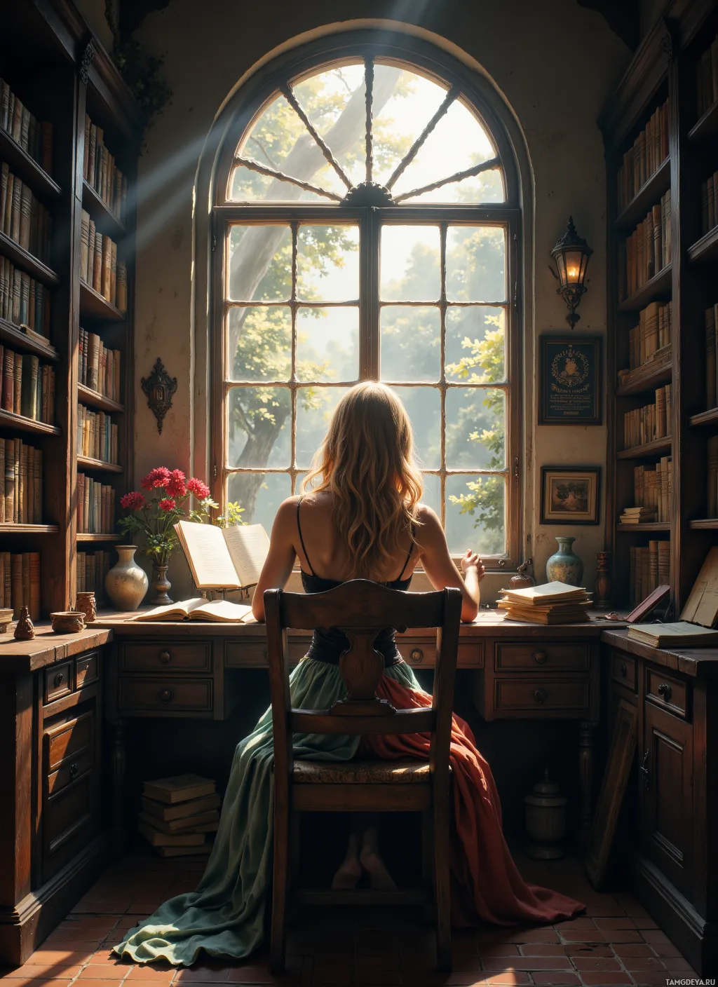 A woman sits at a desk in a library, gazing out a window with sunlight streaming in.