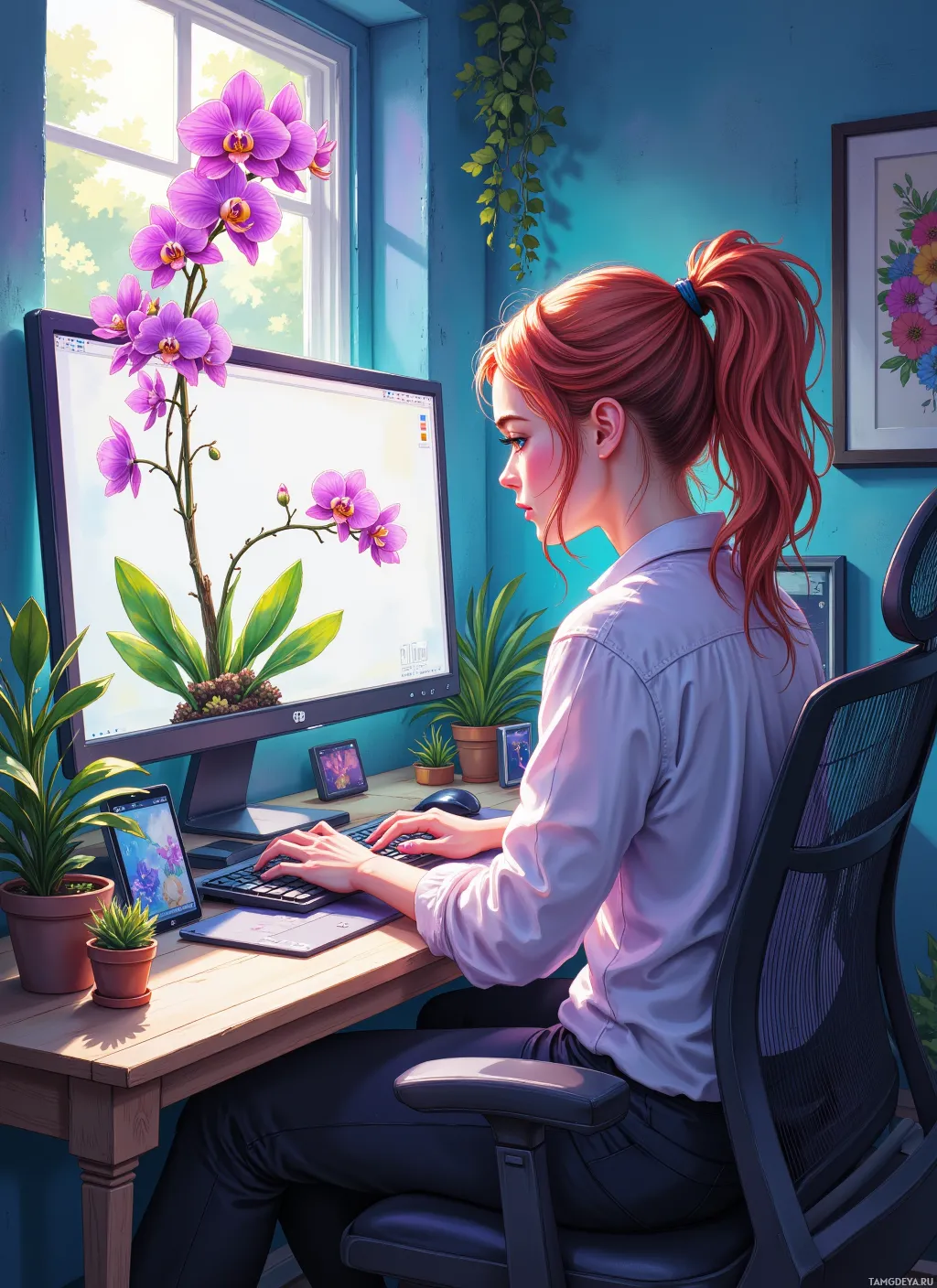 A person with red hair tied in a ponytail is sitting at a desk, working on a computer with a monitor displaying a floral image.