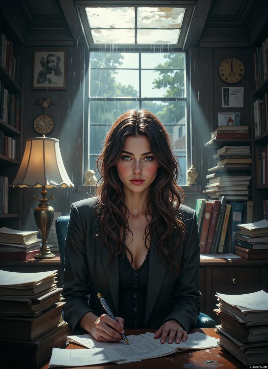 A woman sits at a desk in a study, surrounded by books and papers, with sunlight streaming through a window.