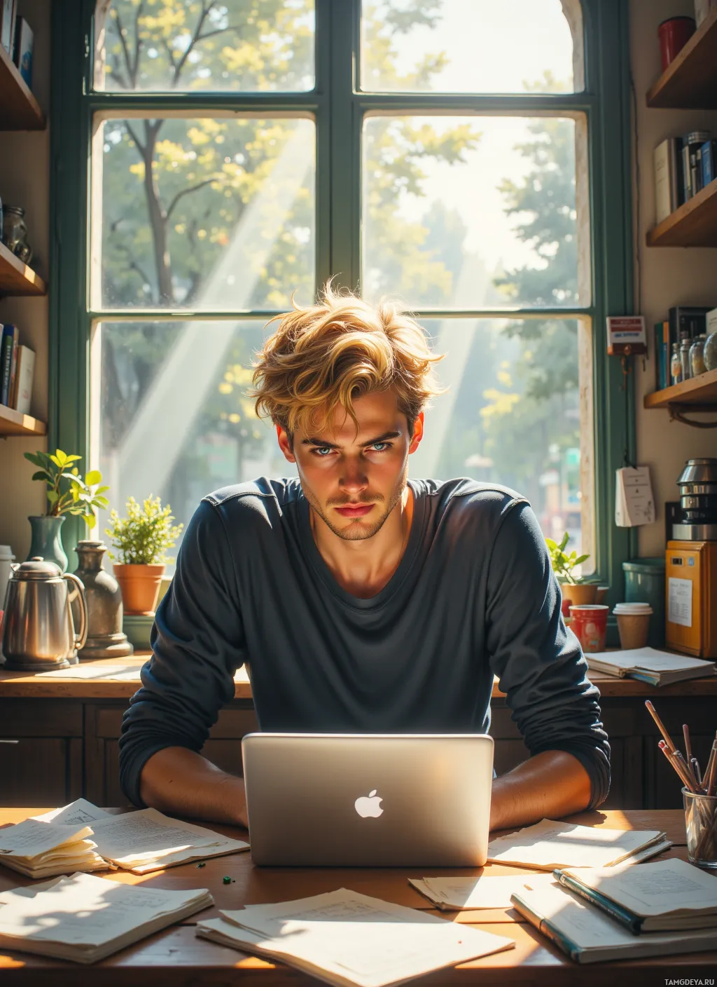 A person sits at a desk with a laptop, surrounded by books and papers, in a room with sunlight streaming through a window.
