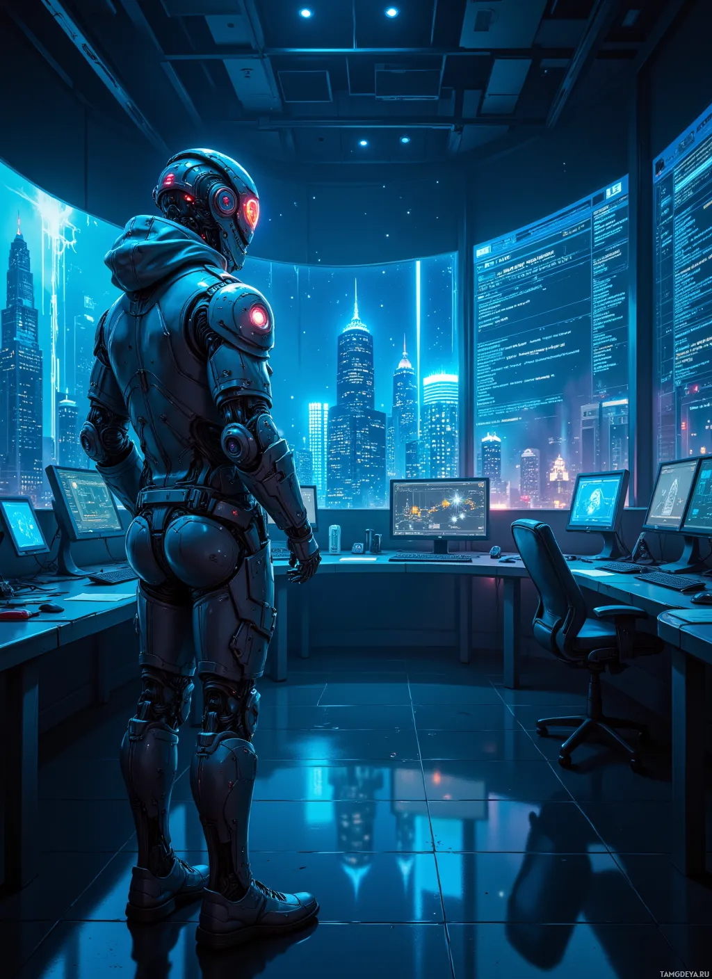A futuristic robot stands in a high-tech control room with glowing screens and a cityscape backdrop.