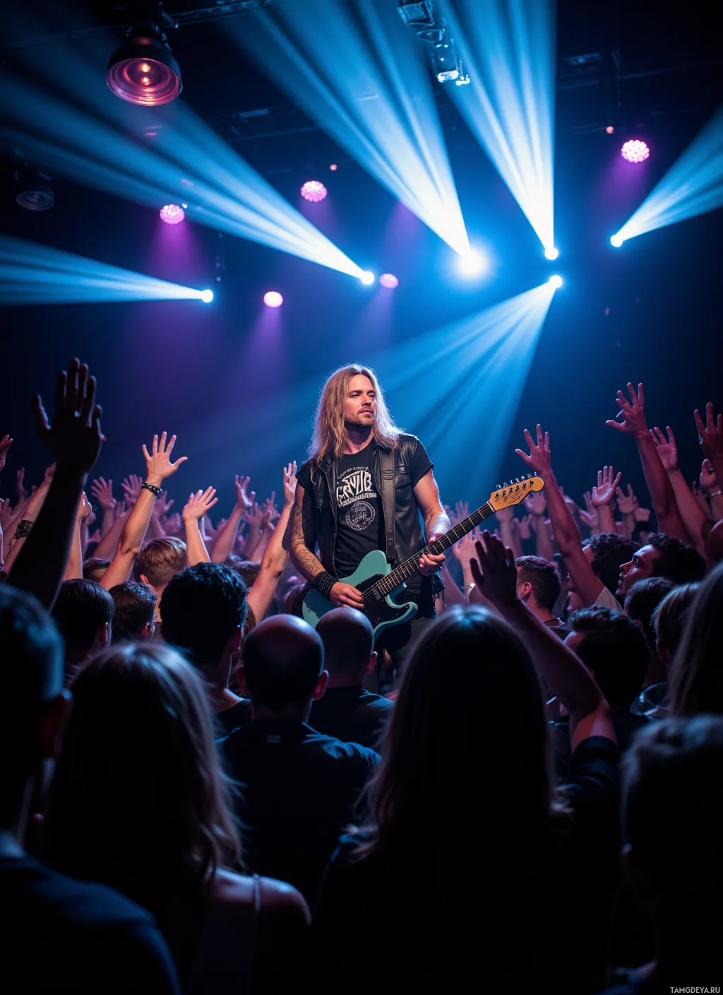 A guitarist performs on stage with a crowd raising their hands in the foreground.
