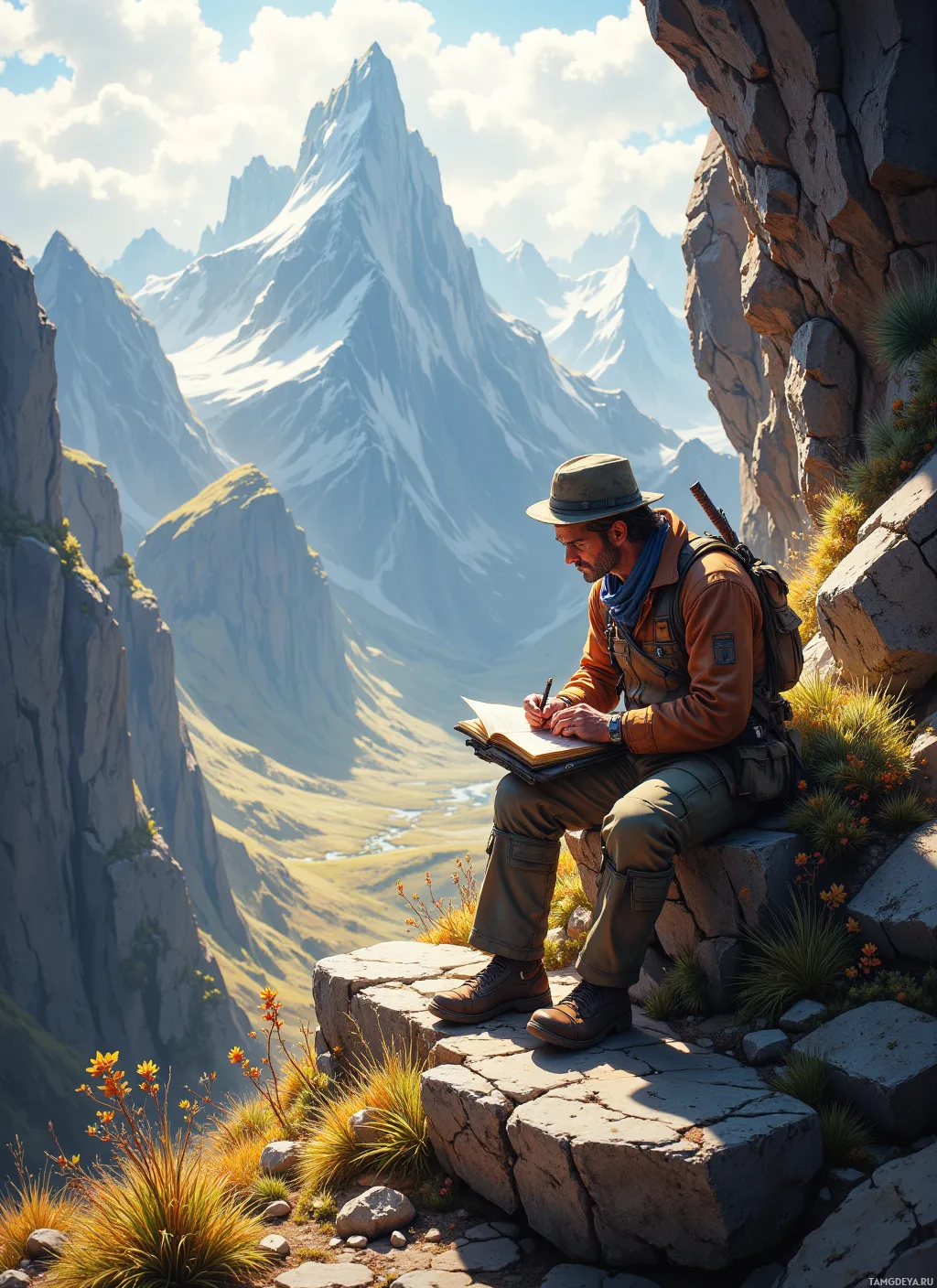 A man sits on a rocky outcrop, writing in a notebook with a mountainous landscape in the background.