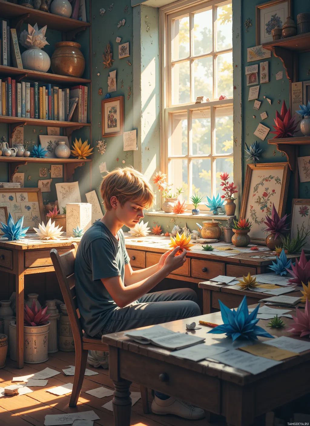 A young person sits at a desk in a sunlit room, surrounded by books, plants, and origami flowers.