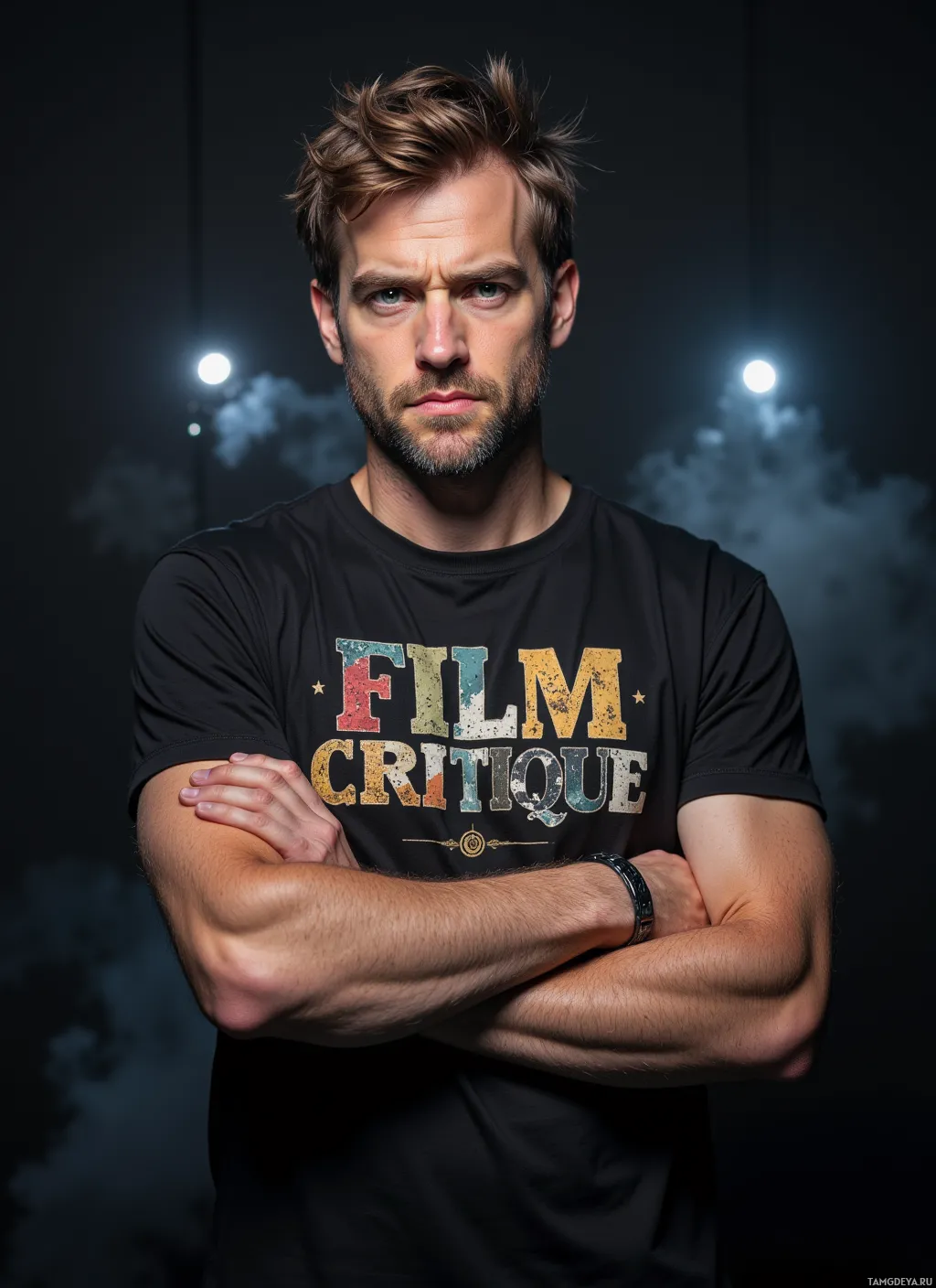 A man in a black t-shirt with "FILM CRITIQUE" printed on it stands with his arms crossed against a dark background.
