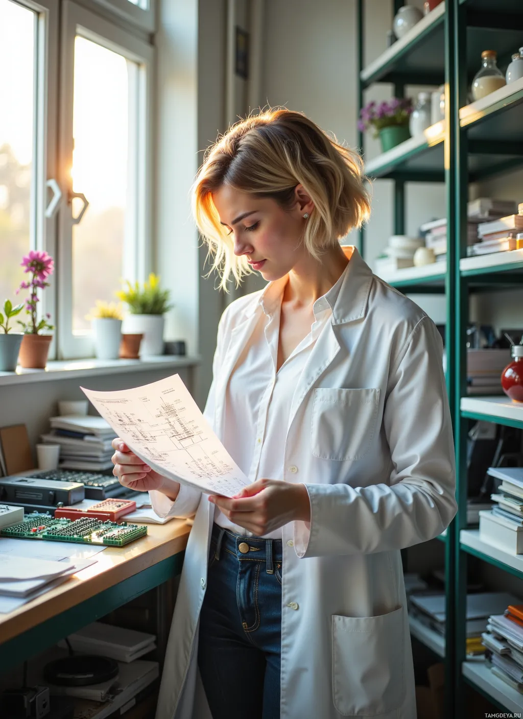 A person in a lab coat examines a document in a well-lit room with shelves and plants.
