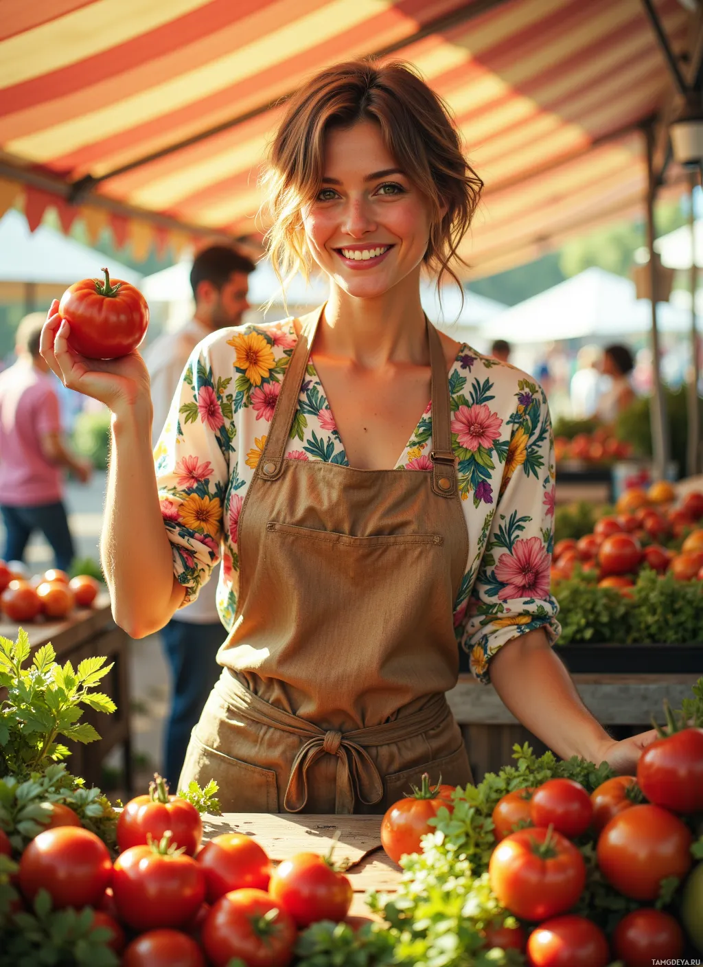 A woman in a floral shirt and apron holds a tomato at a market stall.
