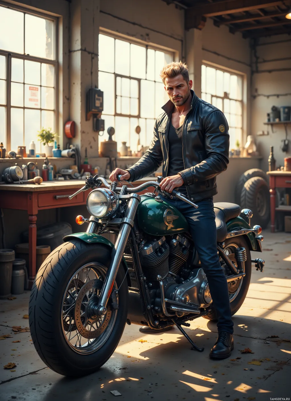 A man in a leather jacket stands beside a green motorcycle in a workshop.