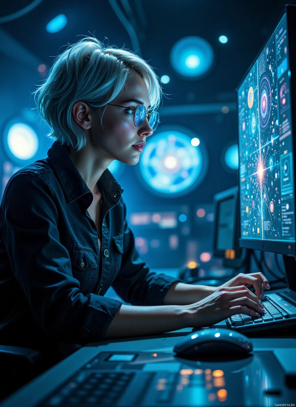 A person with short hair wearing glasses is working at a computer in a futuristic setting.