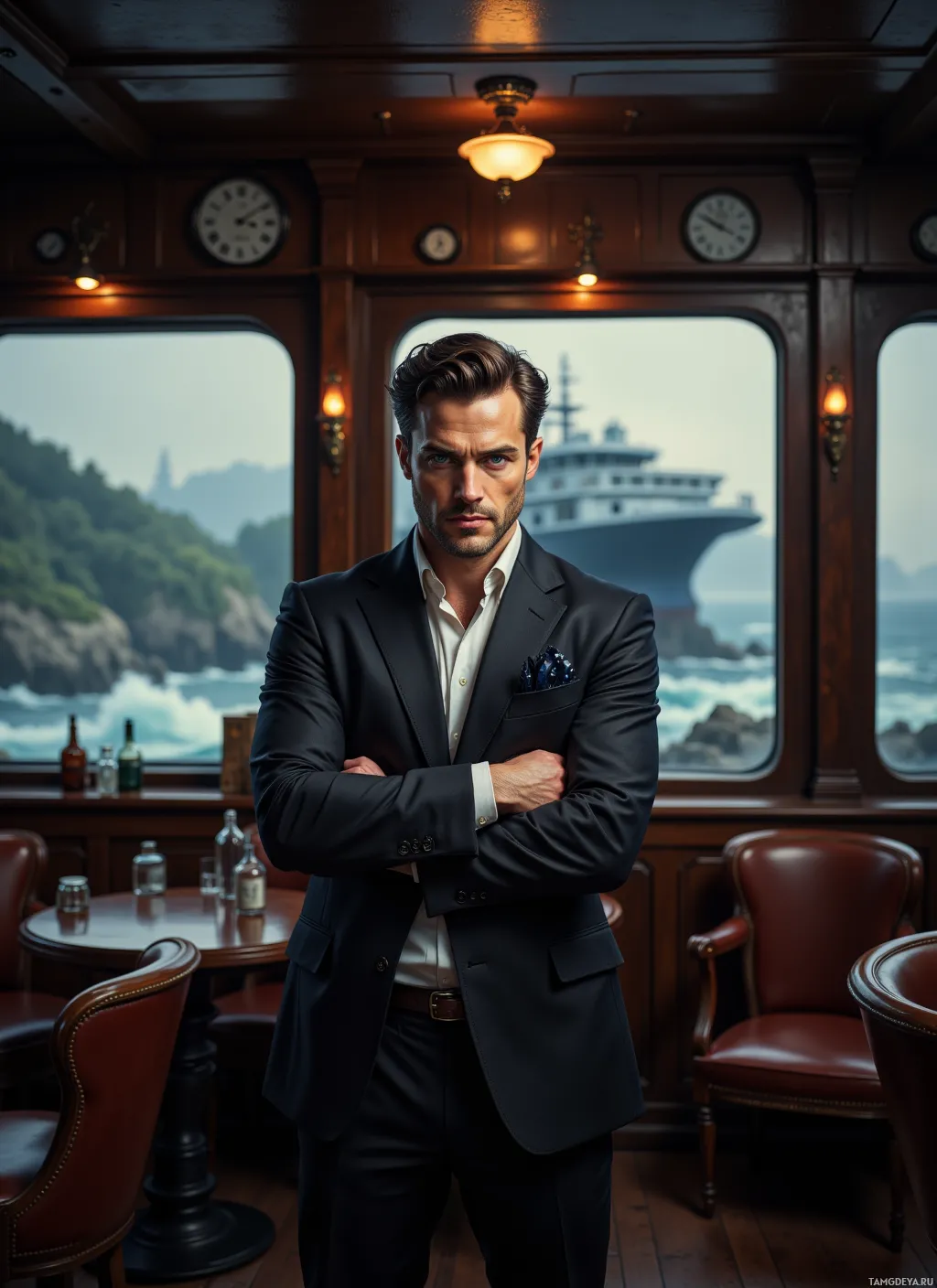 A man in a suit stands with arms crossed in a room with a view of a ship and rocky coastline.
