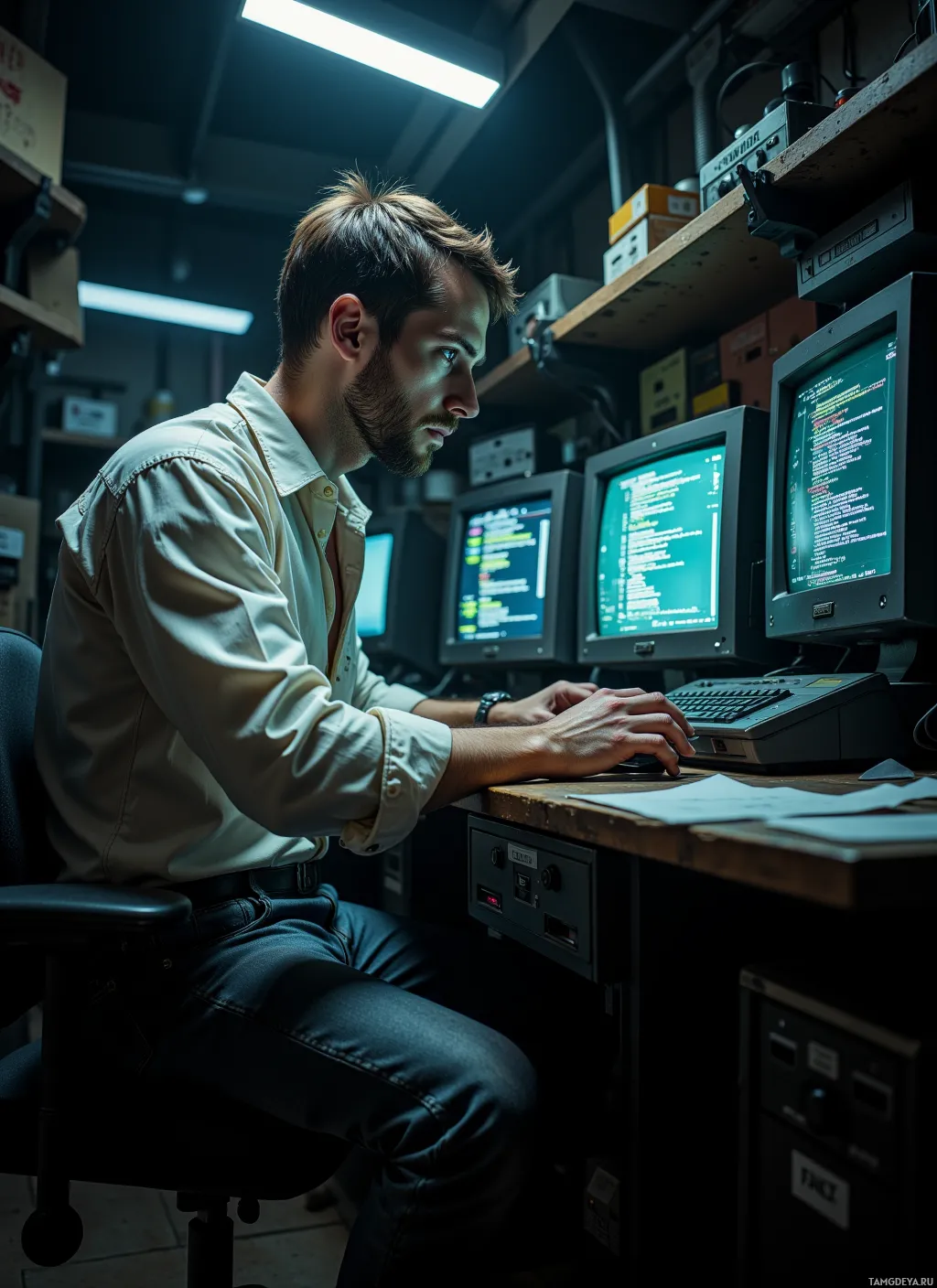 A man is working at a desk with multiple computer monitors displaying code.