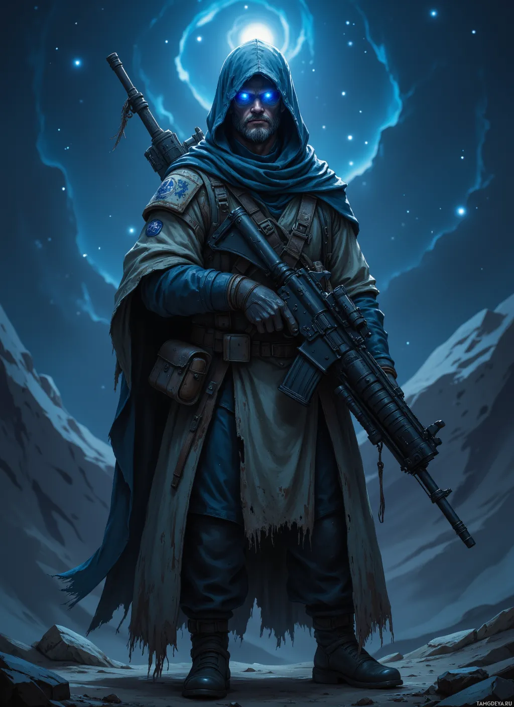 A hooded figure stands in a snowy landscape, holding a rifle, with glowing blue eyes and a rugged appearance.