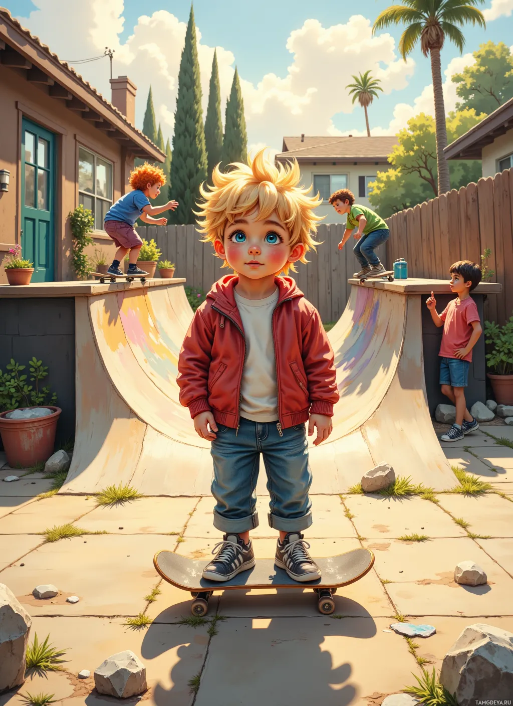 A child stands confidently on a skateboard in a sunny backyard with friends and a skate ramp in the background.