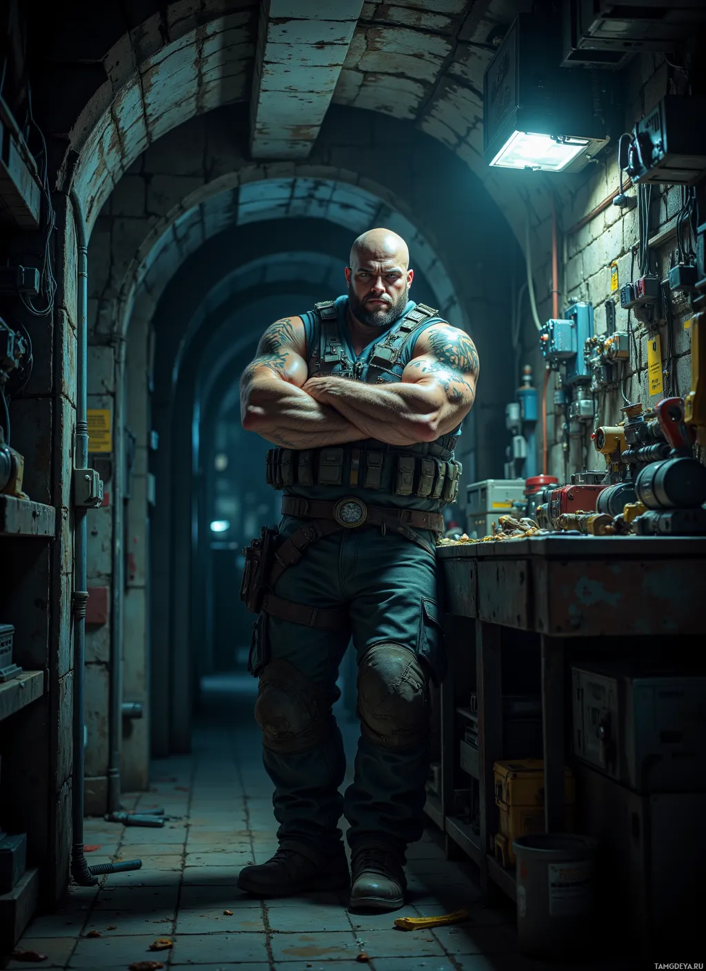 A muscular man with tattoos stands in a dimly lit industrial corridor.