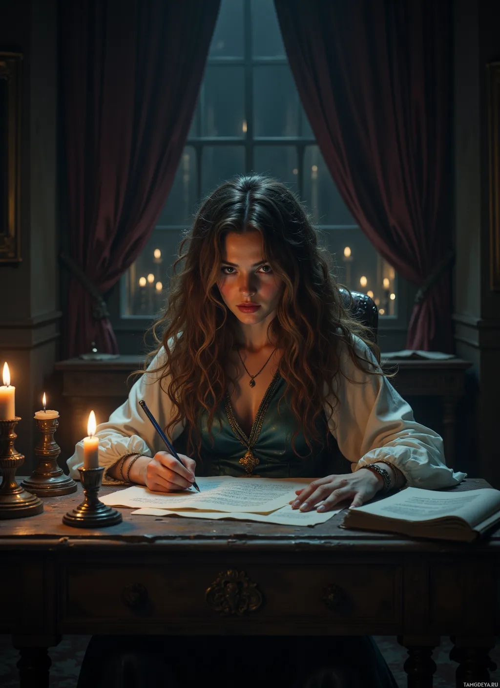 A woman sits at a desk, writing with a quill pen by candlelight.