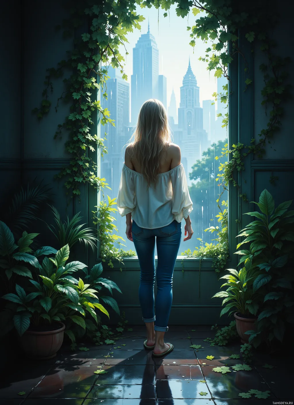 A woman stands in a lush, green doorway, gazing at a city skyline.