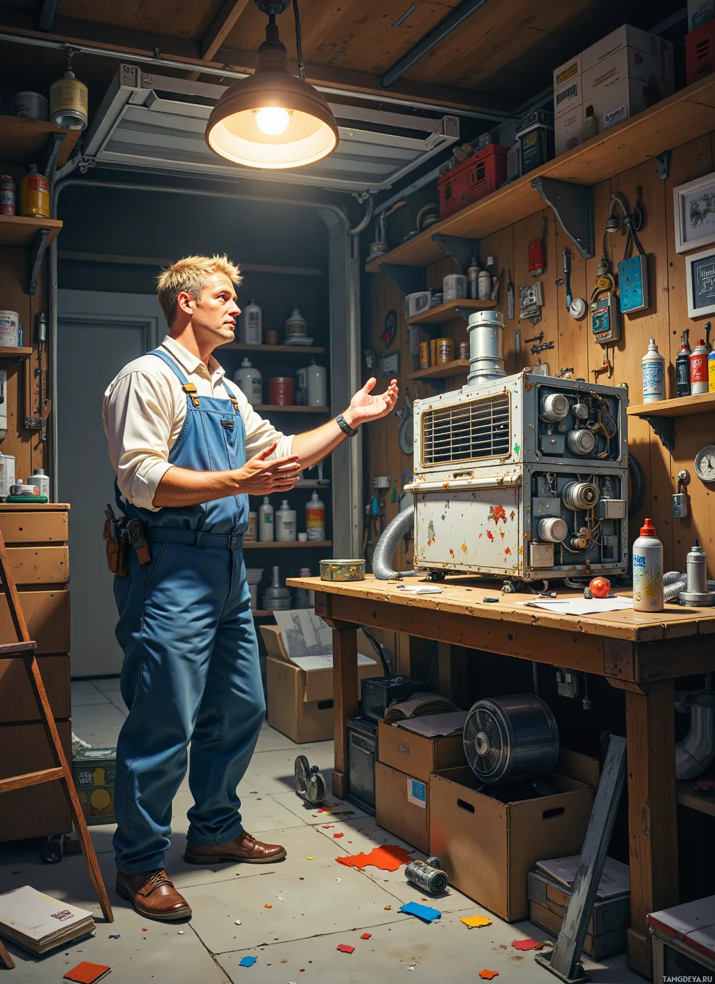 A man in a workshop wearing overalls and a white shirt, gesturing with his hands.