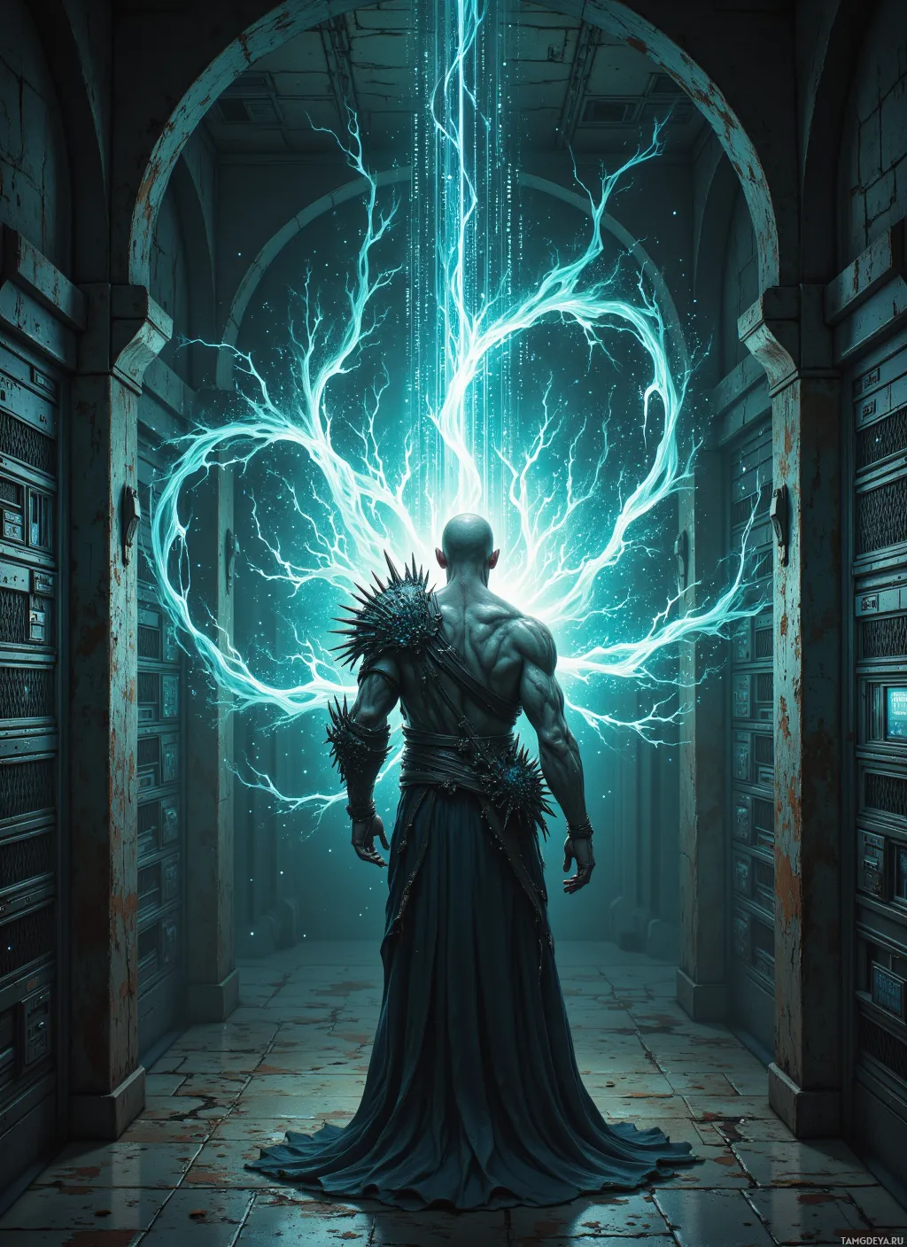 A muscular figure stands in a dimly lit corridor, facing a glowing, electric portal.