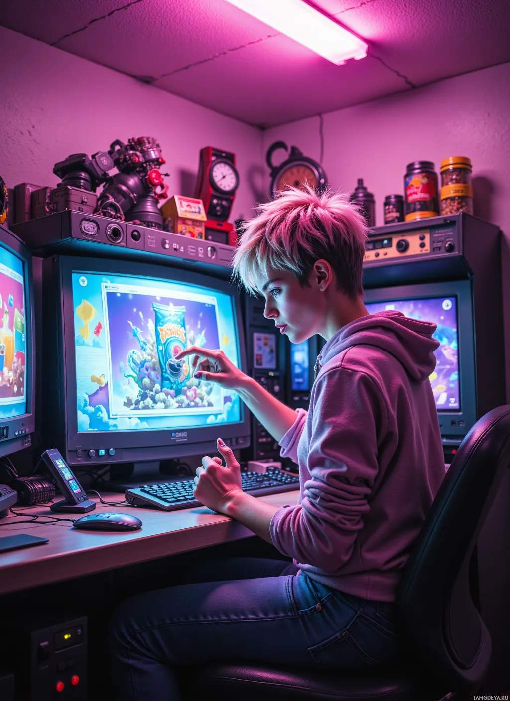 A person sits at a desk with multiple monitors, interacting with a computer in a room illuminated by pink lighting.