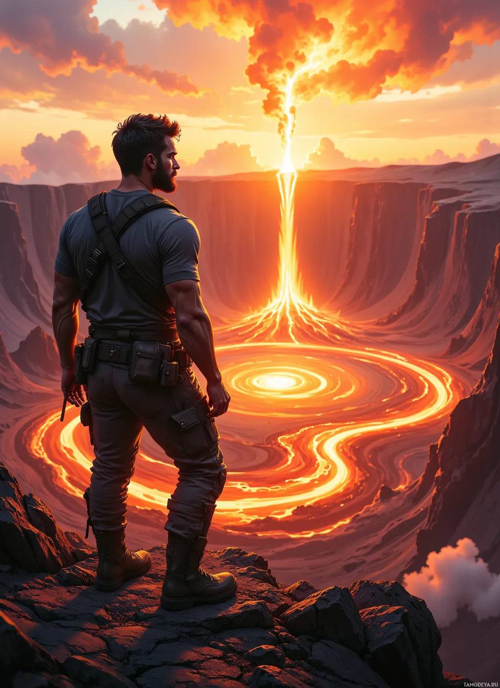 A man stands on a rocky cliff overlooking a fiery, swirling vortex in the sky.