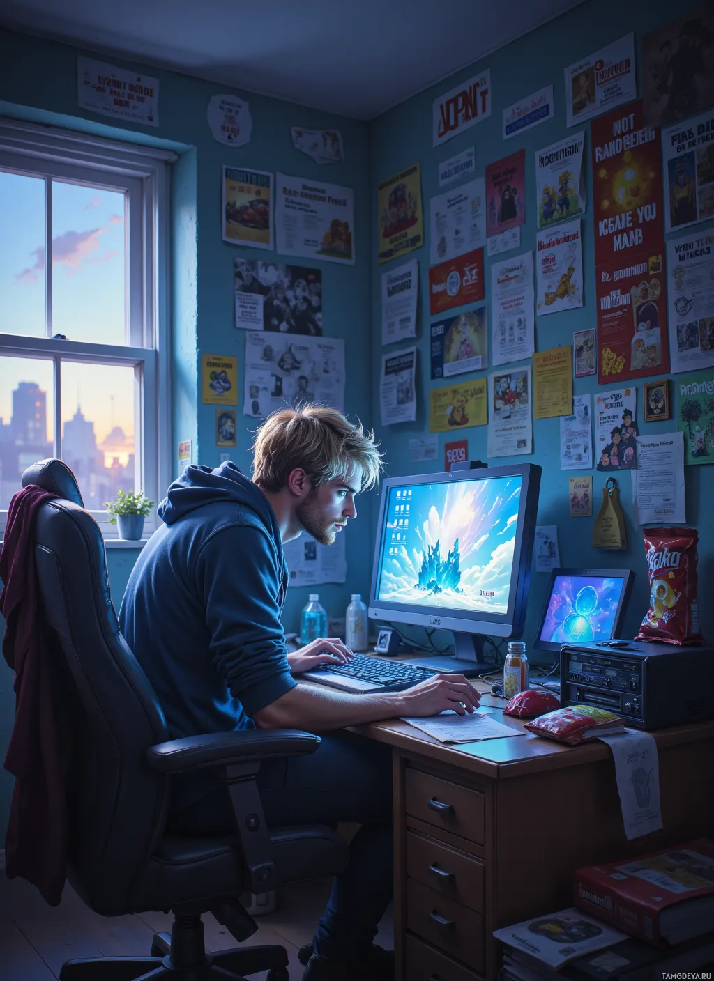 A person is sitting at a desk in a room with posters on the wall, working on a computer.