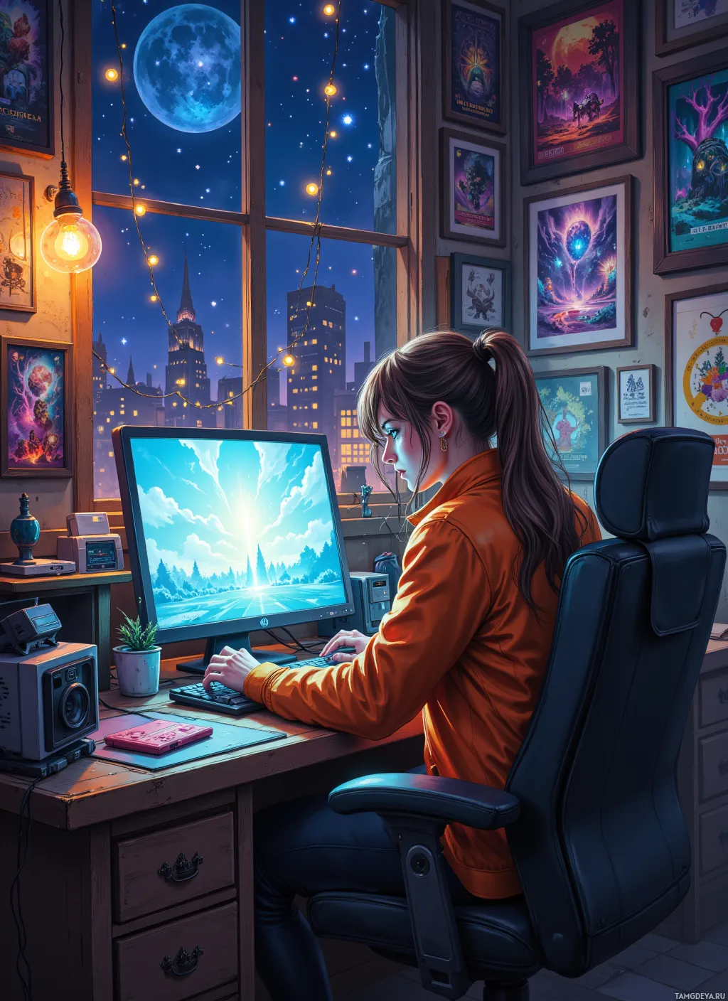 A person sits at a desk in a cozy room, working on a computer with a scenic desktop background.