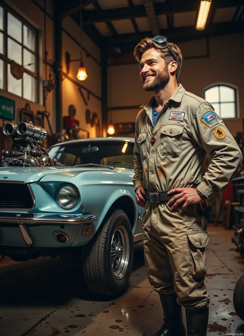 A man in a mechanic's uniform stands in a garage next to a classic car.
